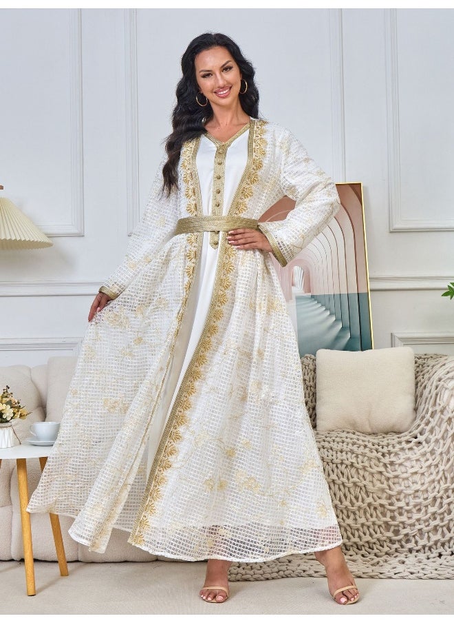 White Long Sleeve V-Neck Muslim Women's Two-Piece Embroidered Beaded Lace Abaya Set
