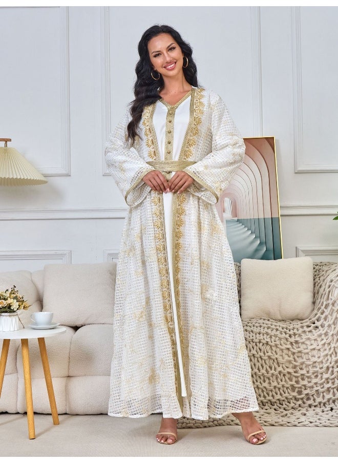 White Long Sleeve V-Neck Muslim Women's Two-Piece Embroidered Beaded Lace Abaya Set