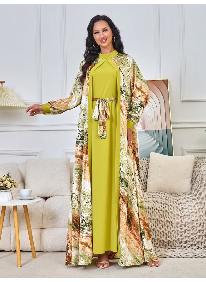 Matcha Green Long Sleeve Muslim Printed Cardigan Two-Piece Dress and Robe Set