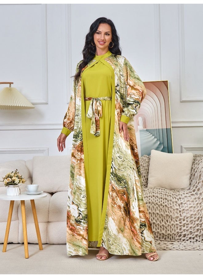 Matcha Green Long Sleeve Muslim Printed Cardigan Two-Piece Dress and Robe Set