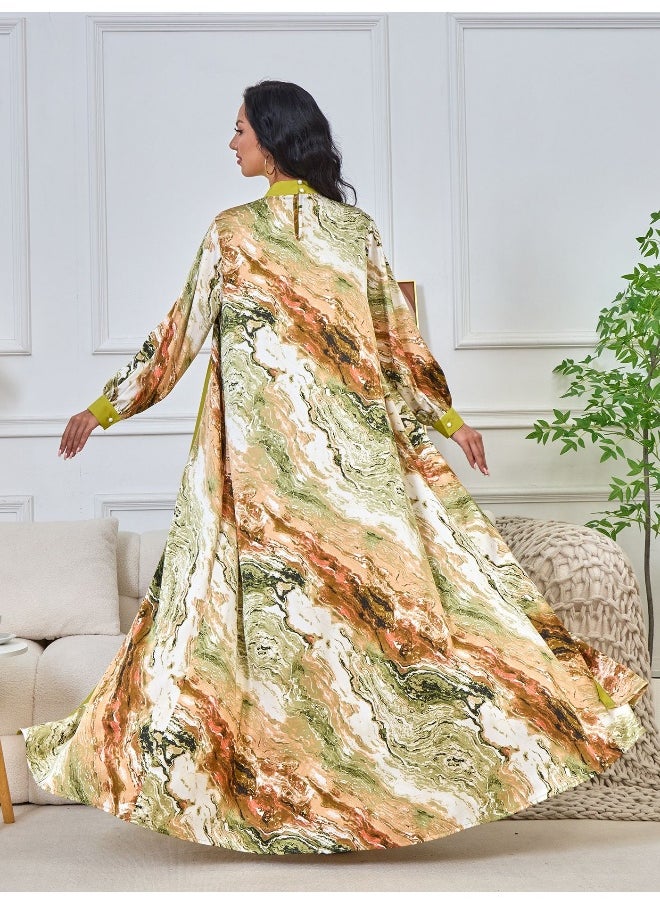Matcha Green Long Sleeve Muslim Printed Cardigan Two-Piece Dress and Robe Set