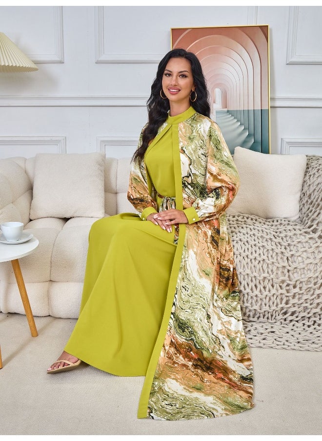Matcha Green Long Sleeve Muslim Printed Cardigan Two-Piece Dress and Robe Set