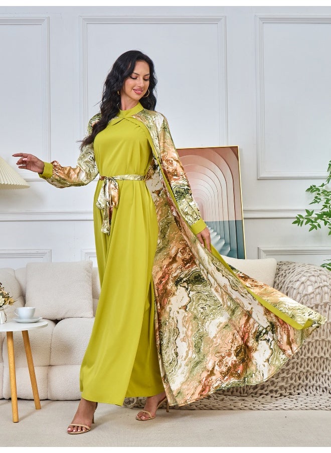 Matcha Green Long Sleeve Muslim Printed Cardigan Two-Piece Dress and Robe Set
