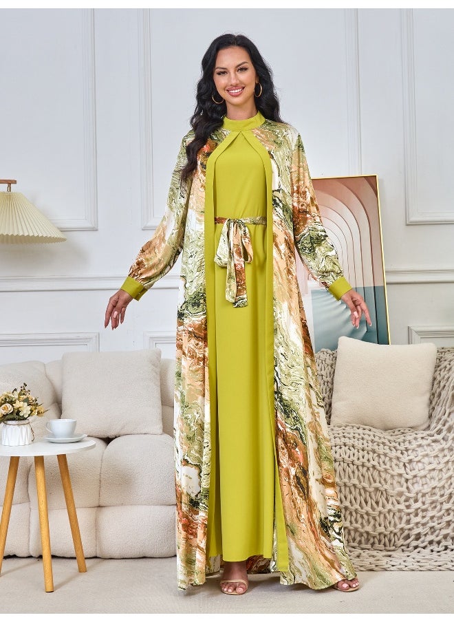 Matcha Green Long Sleeve Muslim Printed Cardigan Two-Piece Dress and Robe Set