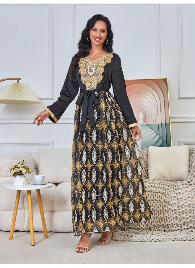 Black Long Sleeve V-Neck Muslim Summer Maxi Dress
