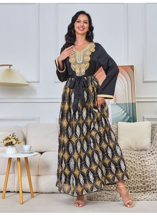 Black Long Sleeve V-Neck Muslim Summer Maxi Dress