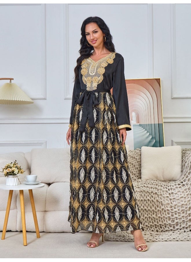 Black Long Sleeve V-Neck Muslim Summer Maxi Dress