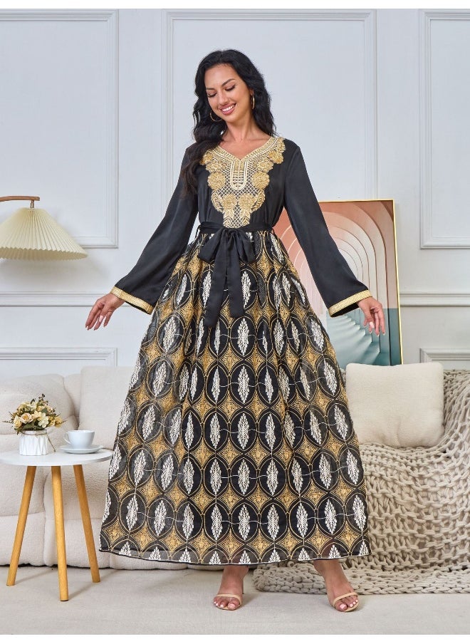 Black Long Sleeve V-Neck Muslim Summer Maxi Dress