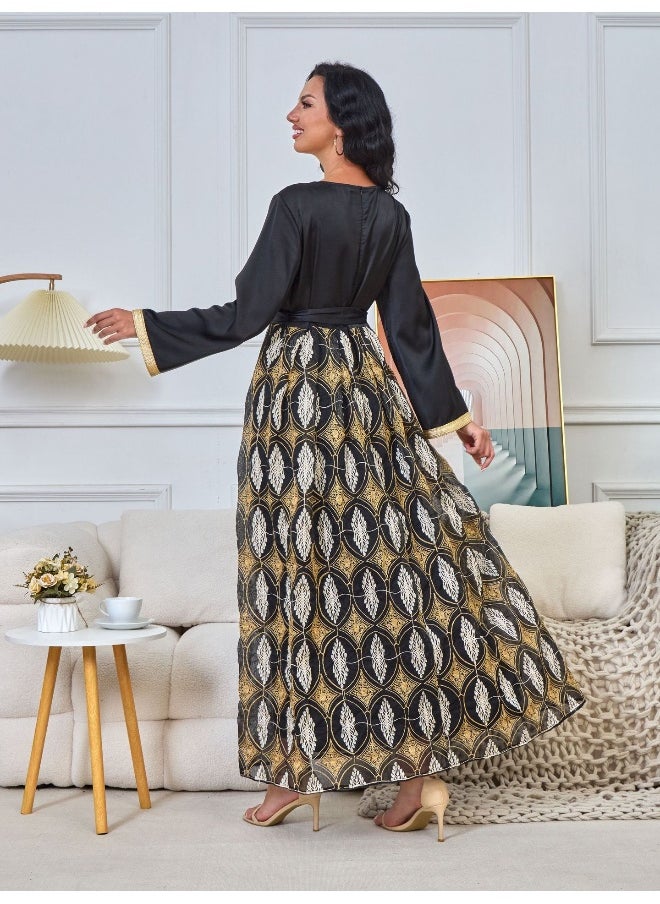 Black Long Sleeve V-Neck Muslim Summer Maxi Dress