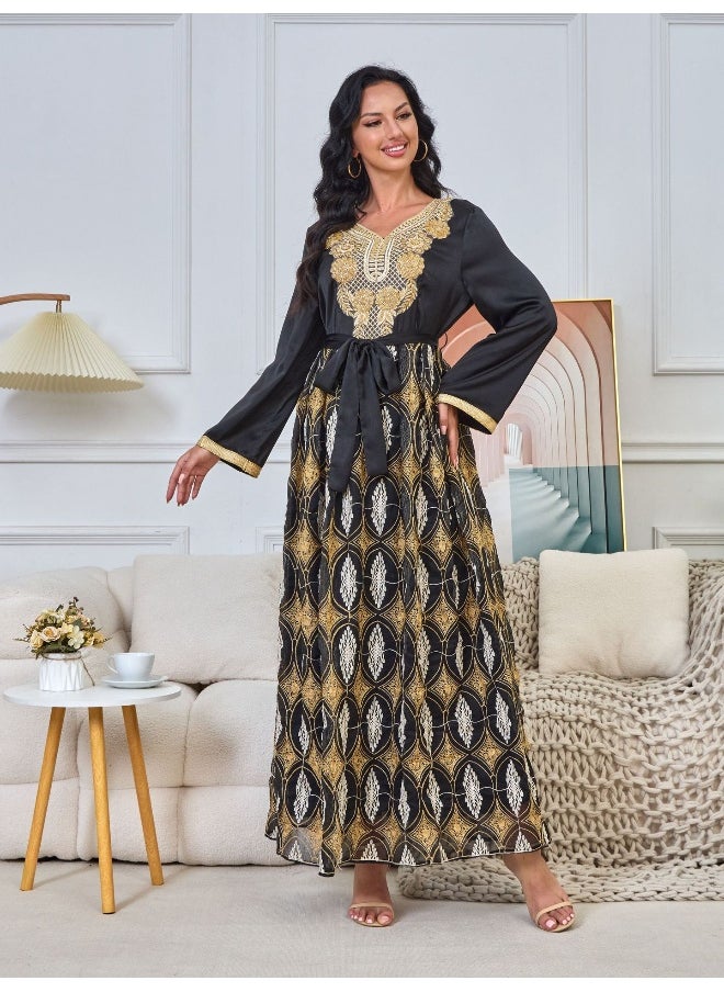 Black Long Sleeve V-Neck Muslim Summer Maxi Dress