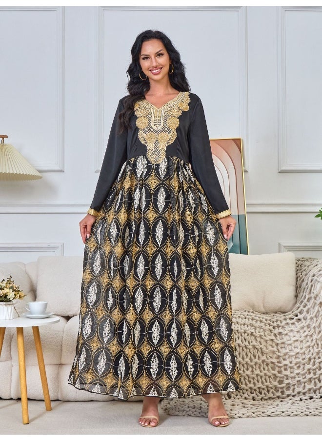 Black Long Sleeve V-Neck Muslim Summer Maxi Dress