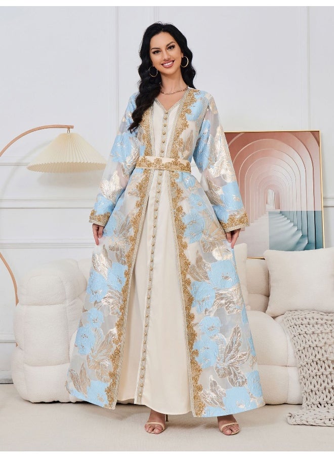 Light Blue Long Sleeve V-Neck Muslim Maxi Dress