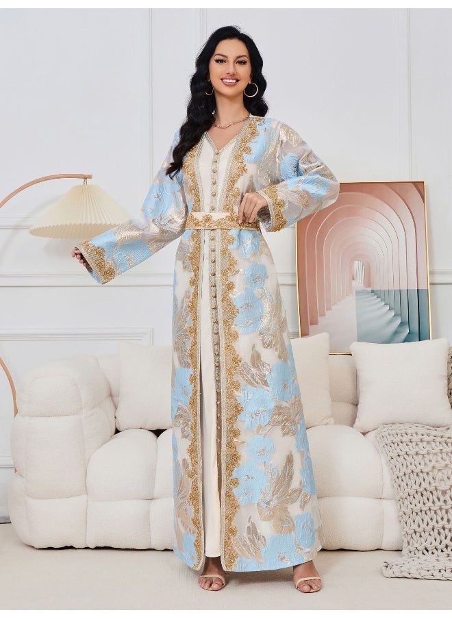 Light Blue Long Sleeve V-Neck Muslim Maxi Dress