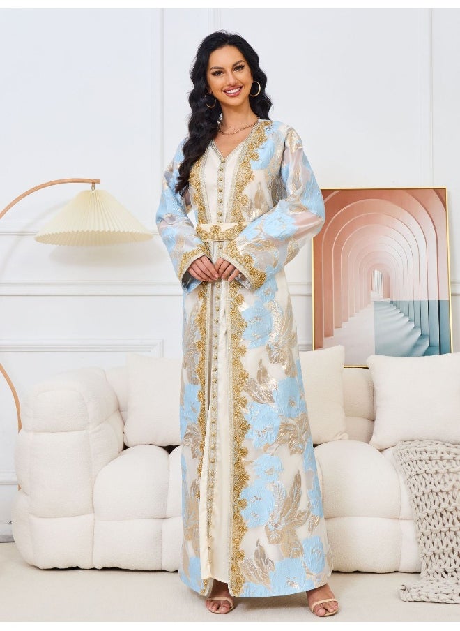 Light Blue Long Sleeve V-Neck Muslim Maxi Dress