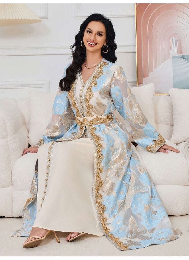 Light Blue Long Sleeve V-Neck Muslim Maxi Dress