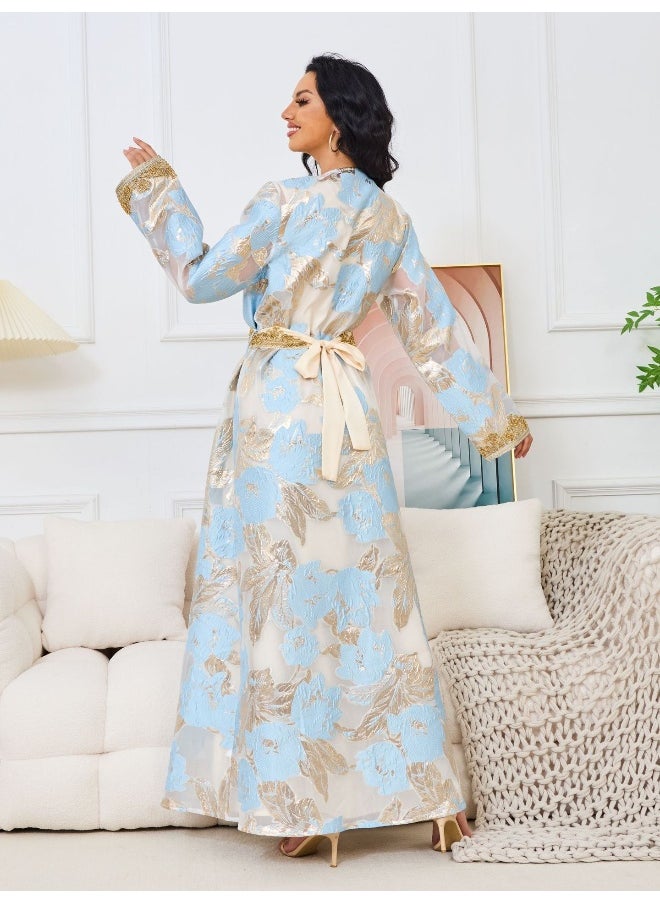 Light Blue Long Sleeve V-Neck Muslim Maxi Dress