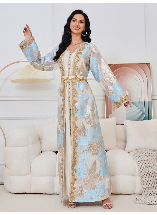 Light Blue Long Sleeve V-Neck Muslim Maxi Dress