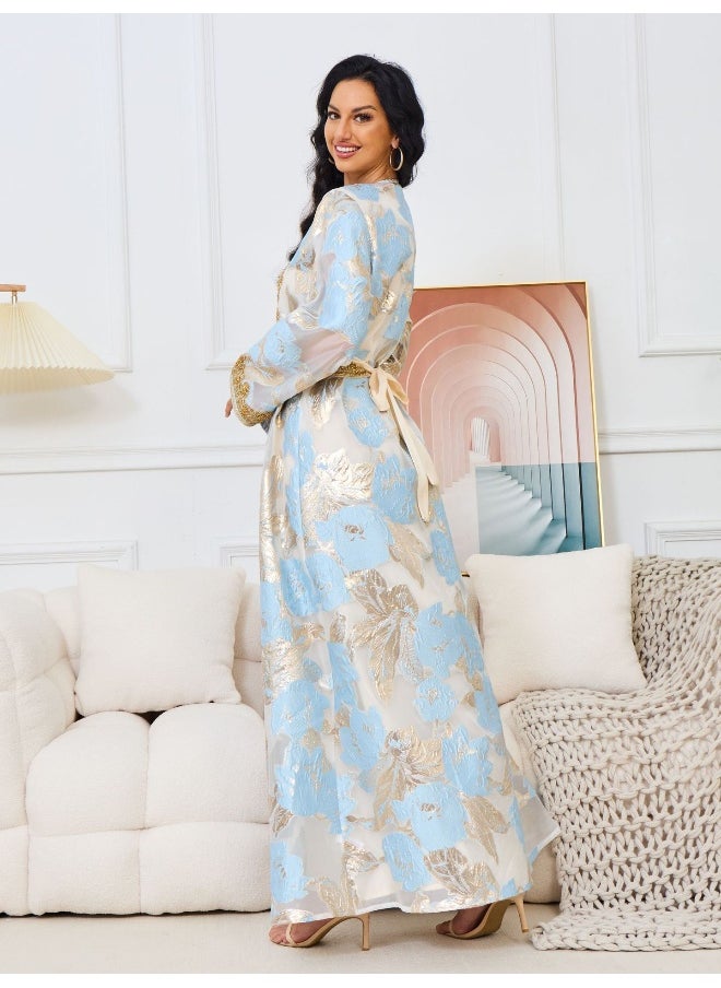 Light Blue Long Sleeve V-Neck Muslim Maxi Dress