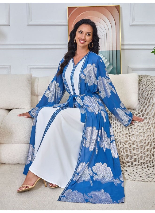 Blue Long Sleeve V-Neck Gold Foil Dress Robe