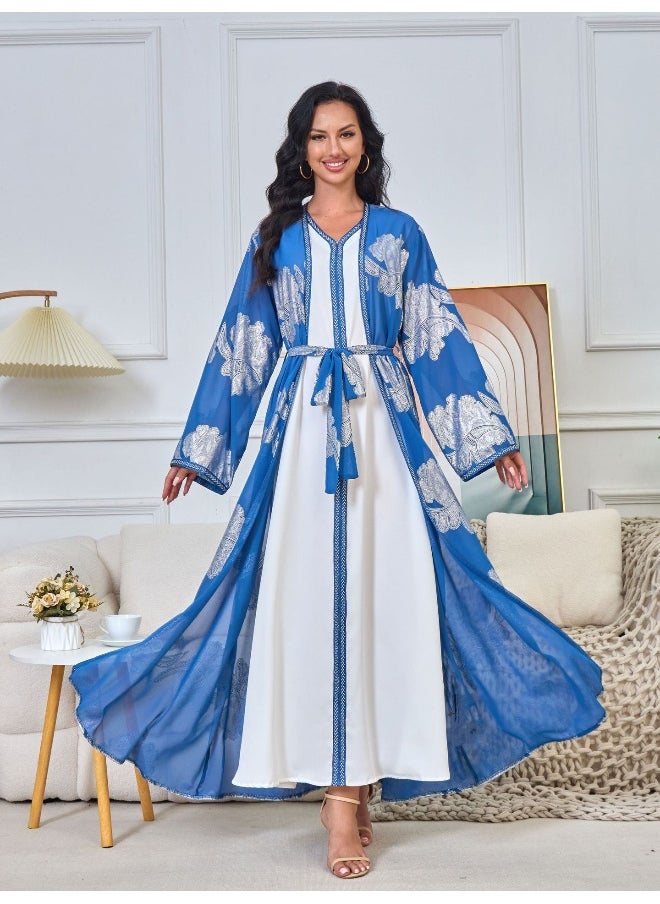 Blue Long Sleeve V-Neck Gold Foil Dress Robe