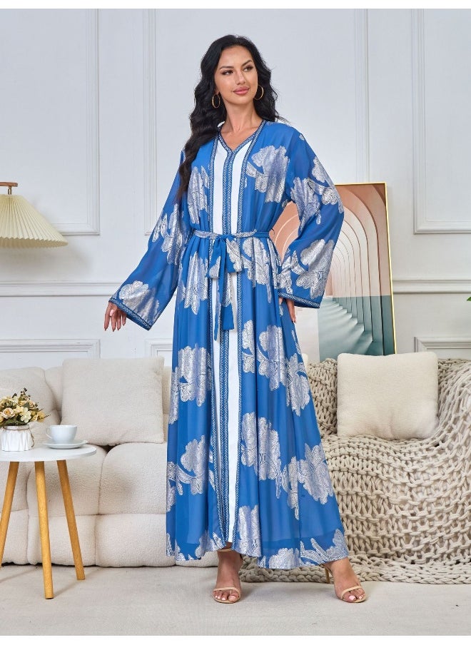 Blue Long Sleeve V-Neck Gold Foil Dress Robe