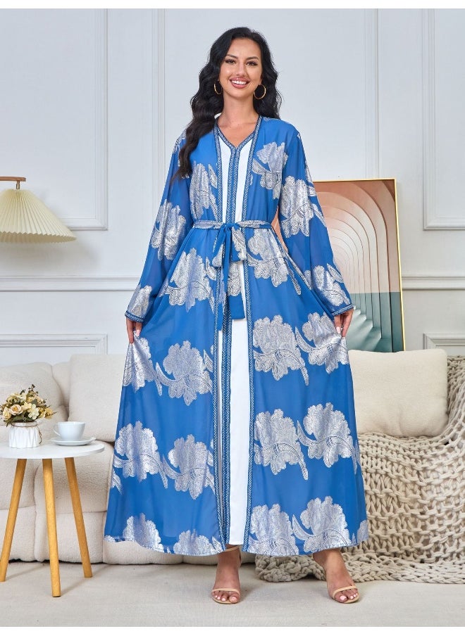 Blue Long Sleeve V-Neck Gold Foil Dress Robe