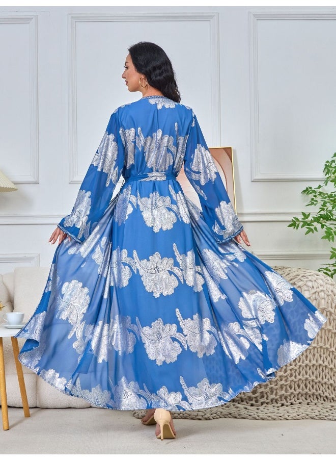 Blue Long Sleeve V-Neck Gold Foil Dress Robe