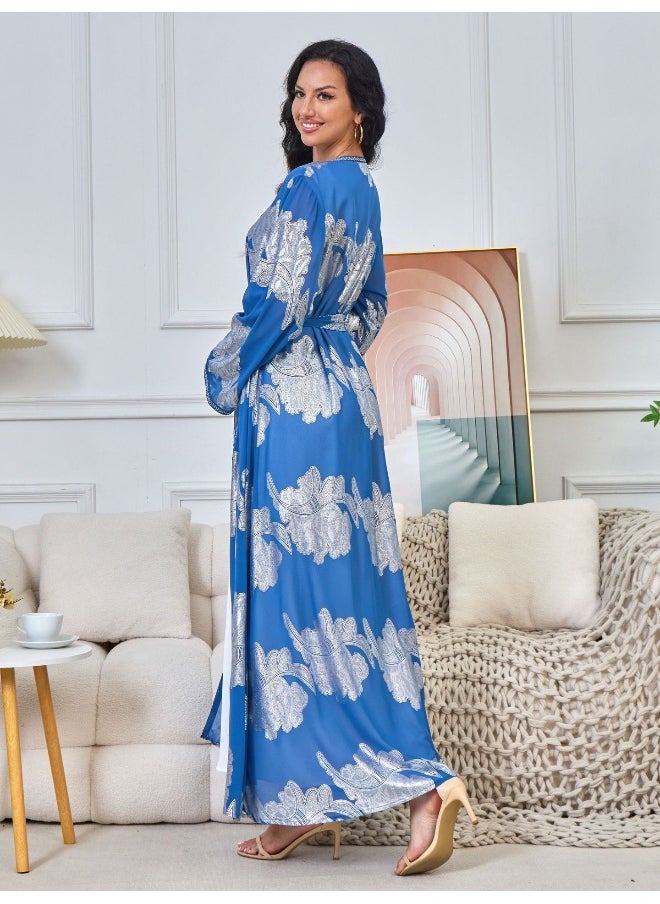 Blue Long Sleeve V-Neck Gold Foil Dress Robe