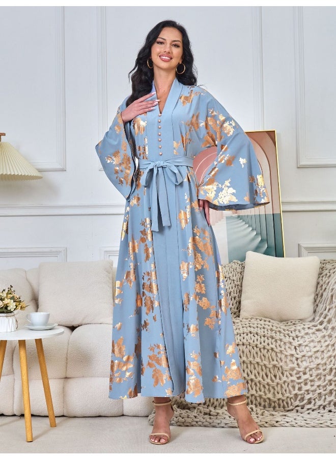 Blue Long Sleeve V-Neck Muslim Maxi Dress