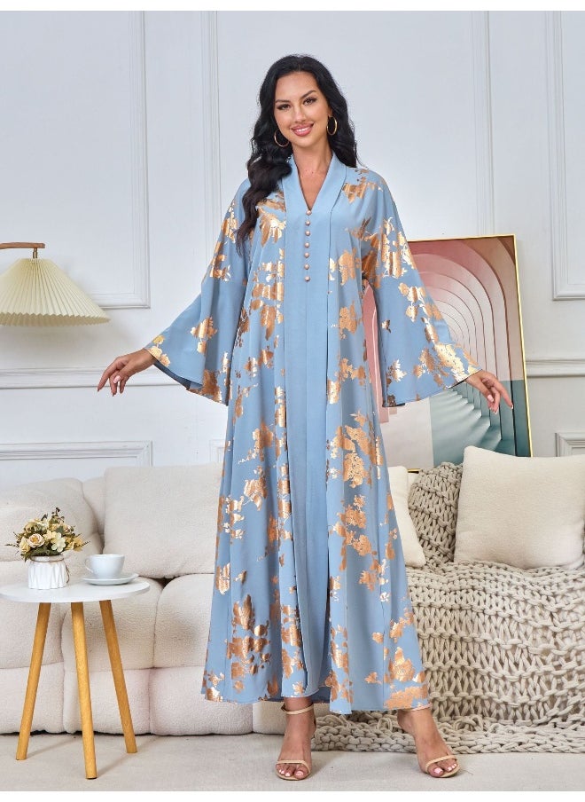Blue Long Sleeve V-Neck Muslim Maxi Dress