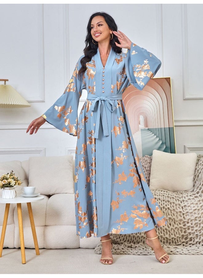 Blue Long Sleeve V-Neck Muslim Maxi Dress