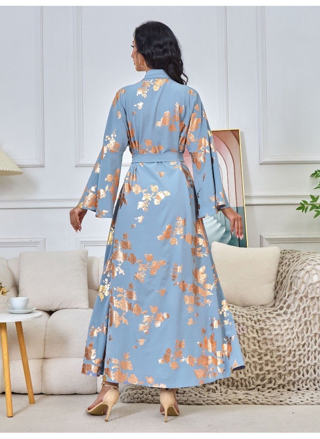 Blue Long Sleeve V-Neck Muslim Maxi Dress