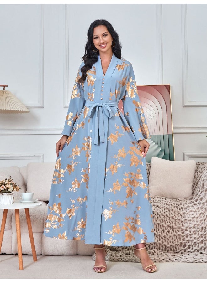 Blue Long Sleeve V-Neck Muslim Maxi Dress
