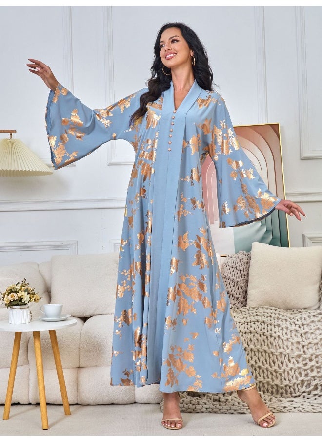 Blue Long Sleeve V-Neck Muslim Maxi Dress