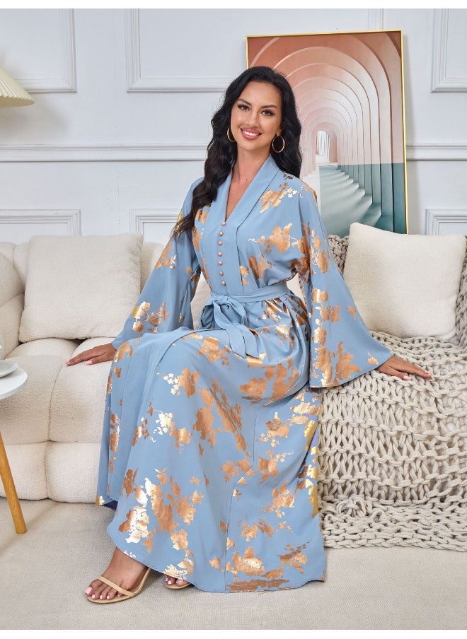 Blue Long Sleeve V-Neck Muslim Maxi Dress