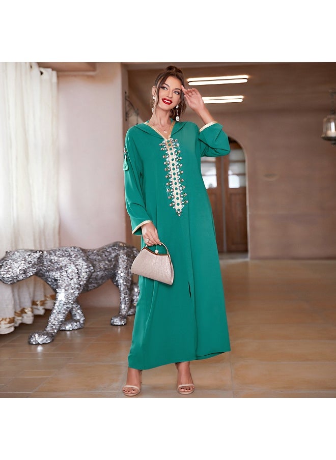 Embellished Fringe Hooded Dress in Olive Green
