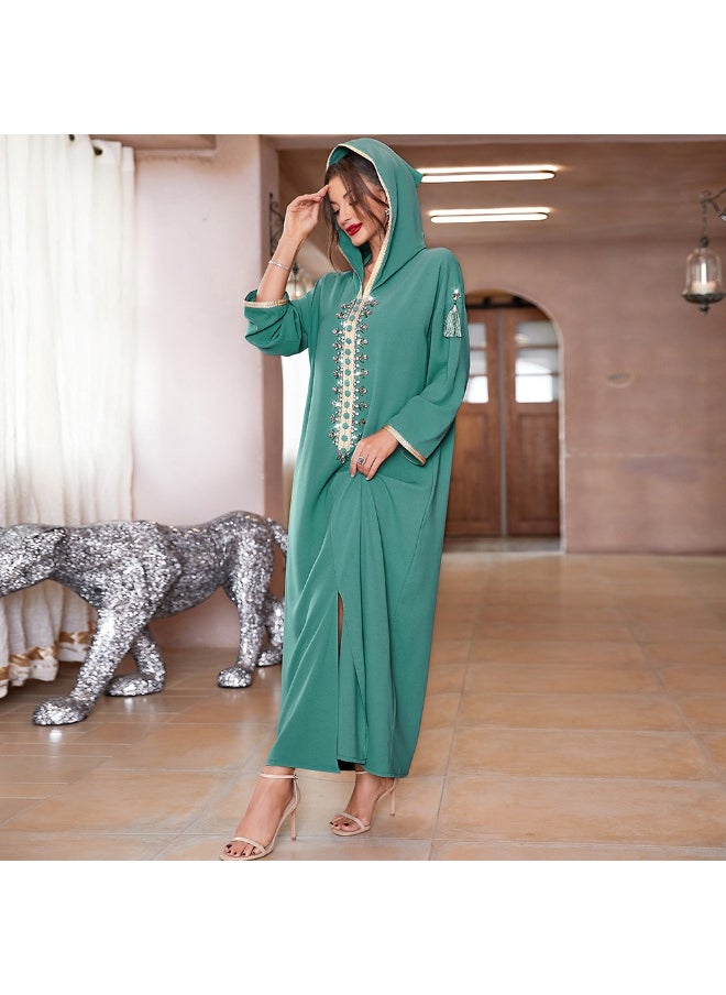 Embellished Fringe Hooded Dress in Olive Green