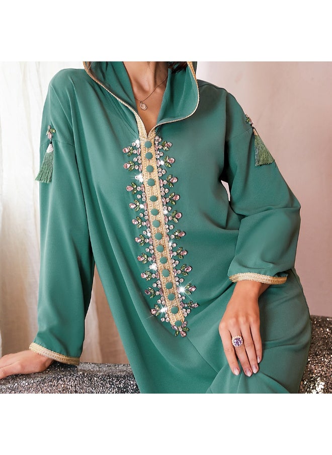 Embellished Fringe Hooded Dress in Olive Green