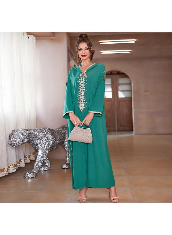Embellished Fringe Hooded Dress in Olive Green