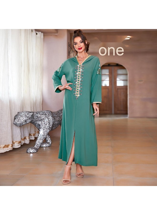 Embellished Fringe Hooded Dress in Olive Green