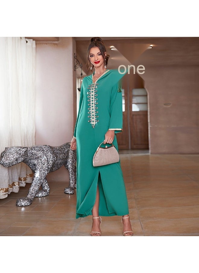 Embellished Fringe Hooded Dress in Olive Green
