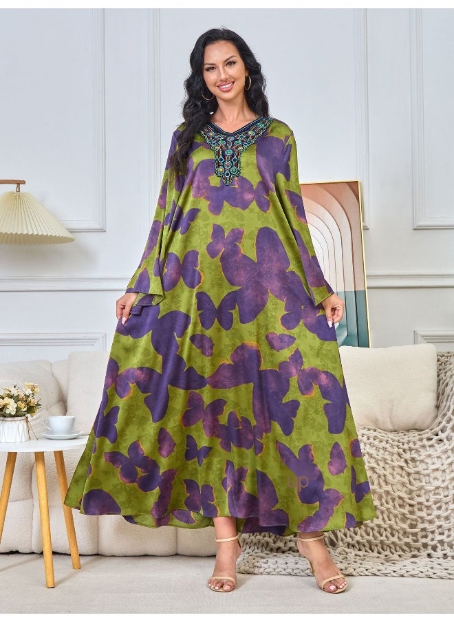 Purple Green Long Sleeve V-Neck Muslim Abaya Maxi Dress