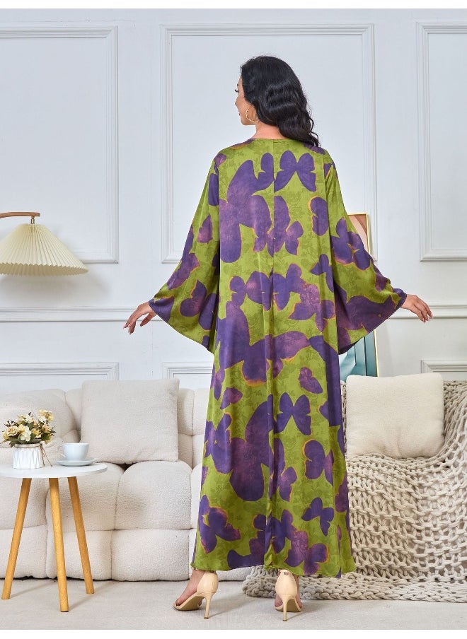 Purple Green Long Sleeve V-Neck Muslim Abaya Maxi Dress