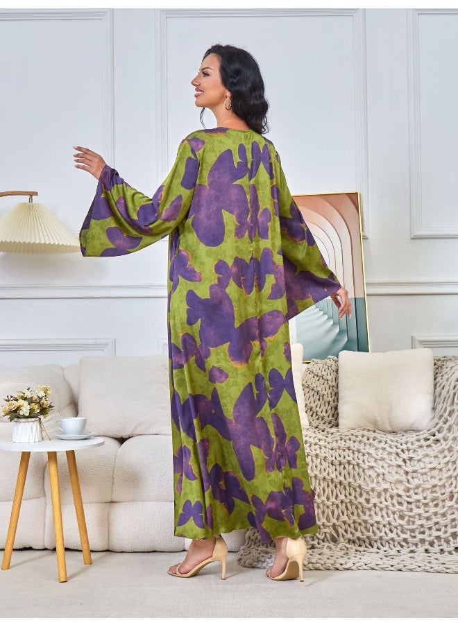 Purple Green Long Sleeve V-Neck Muslim Abaya Maxi Dress