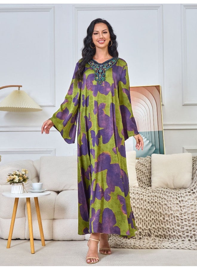 Purple Green Long Sleeve V-Neck Muslim Abaya Maxi Dress