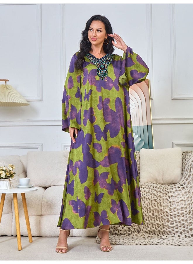 Purple Green Long Sleeve V-Neck Muslim Abaya Maxi Dress
