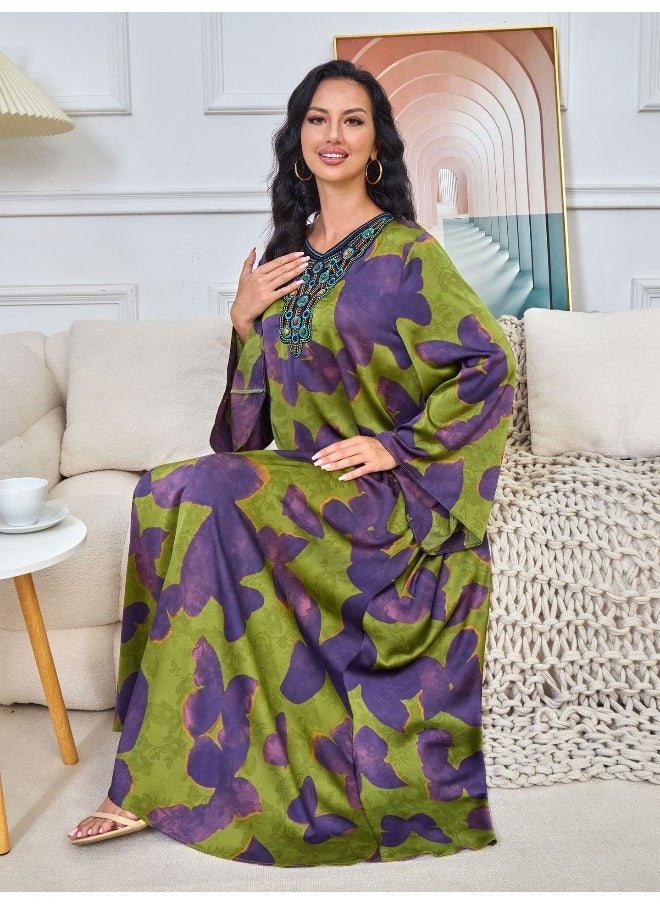 Purple Green Long Sleeve V-Neck Muslim Abaya Maxi Dress