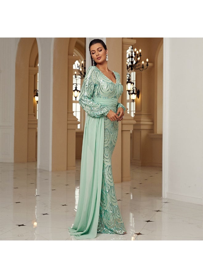 Long Sleeve Sequin V-Neck Evening Dress with Sash - Perfect for Parties and Bridesmaids
