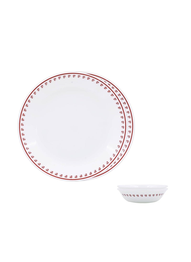 Corelle Scarlet Clover - 4 Pcs Bachelor Set (VDB) | for Family of 2| Break & Chip Resistant | Lightweight & Durable | Microwave & Dishwasher Safe