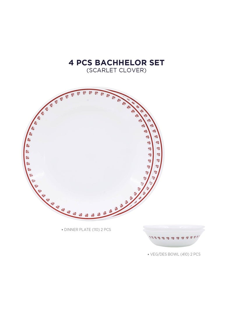 Corelle Scarlet Clover - 4 Pcs Bachelor Set (VDB) | for Family of 2| Break & Chip Resistant | Lightweight & Durable | Microwave & Dishwasher Safe